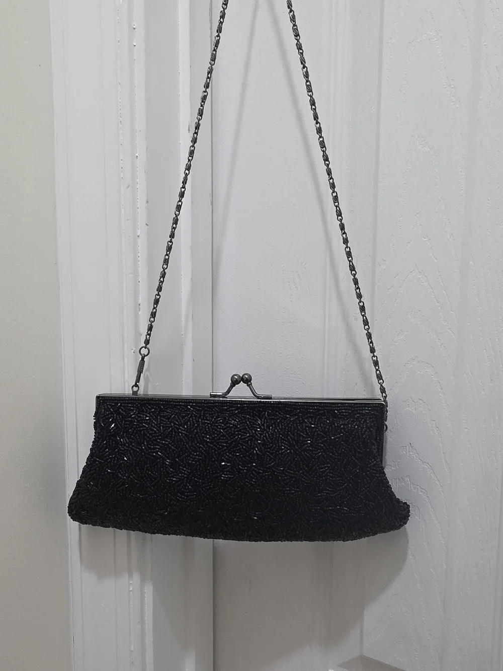 Black Beaded Evening Clutch with Chain Strap